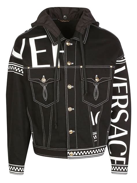 versace pattern jacket|Versace black denim jacket.